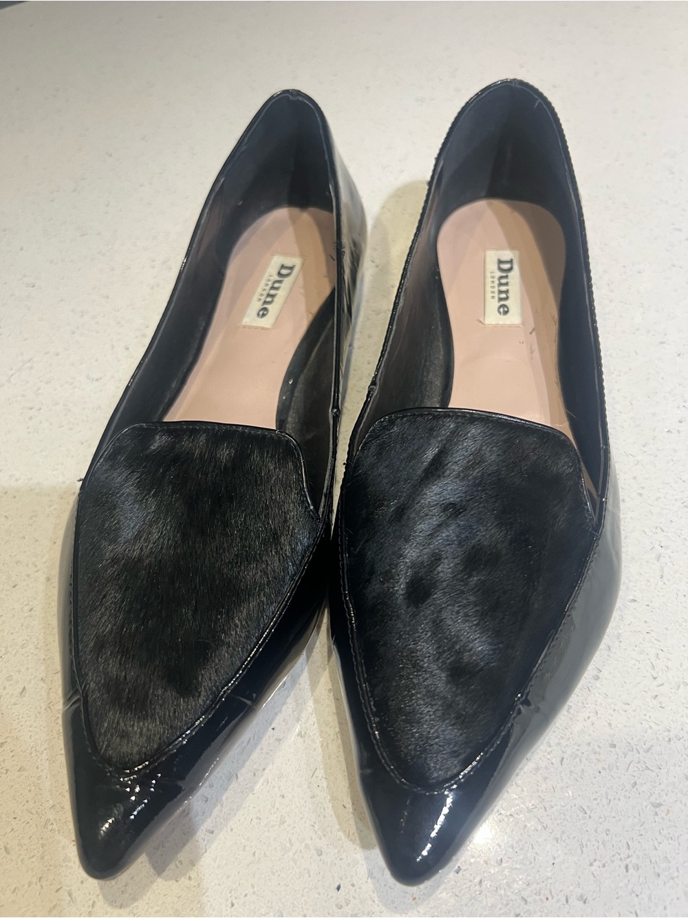 Dune London Black Patent Leather Pointed Haircalf Loafers